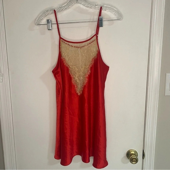 Victoria's Secret Red with Gold Lace Satin Babydoll Slip Lingerie Dress Sz Small - Picture 1 of 8